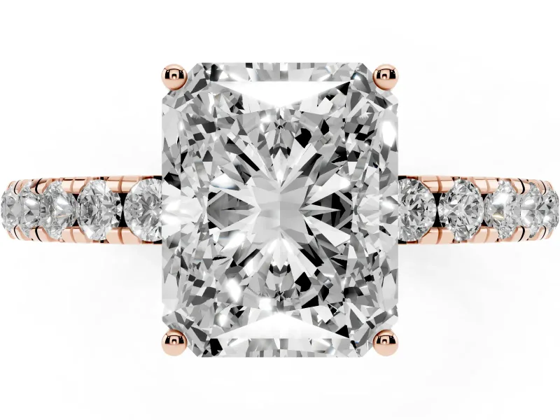 Radiant Cut Pave Engagement Ring Setting | Shared Prong Band | Rose Gold