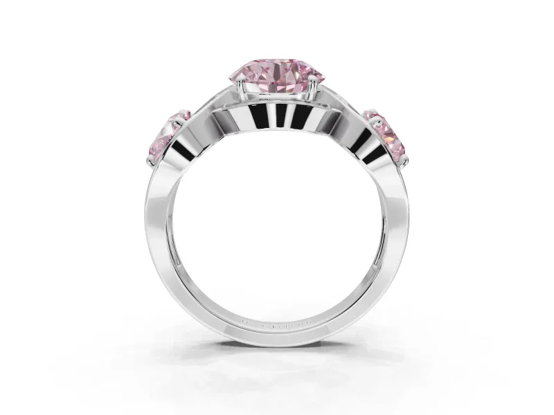 Round Three Stone Halo Engagement Ring Setting for a Fancy Pink Lab-Grown Diamond | Pavé Wave Band | Sterling Silver