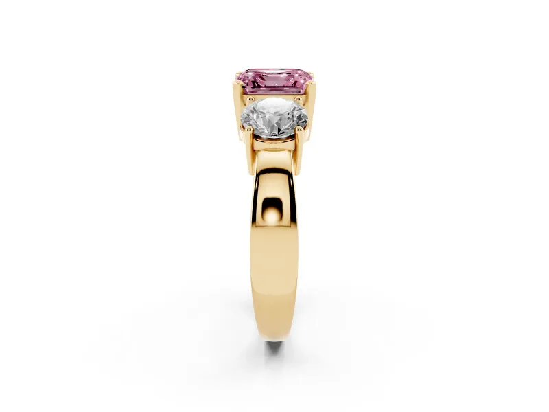 Asscher Cut Three Stone Engagement Ring Setting for a Fancy Pink Lab-Grown Diamond | Wide Plain Band | Yellow Gold