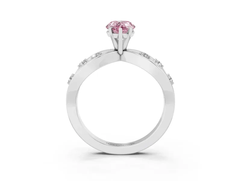 Fancy Pink Pear Cut Diamond Solitaire Ring Set in Silver with Side Stones on Criss-Cross Band and Prong Setting