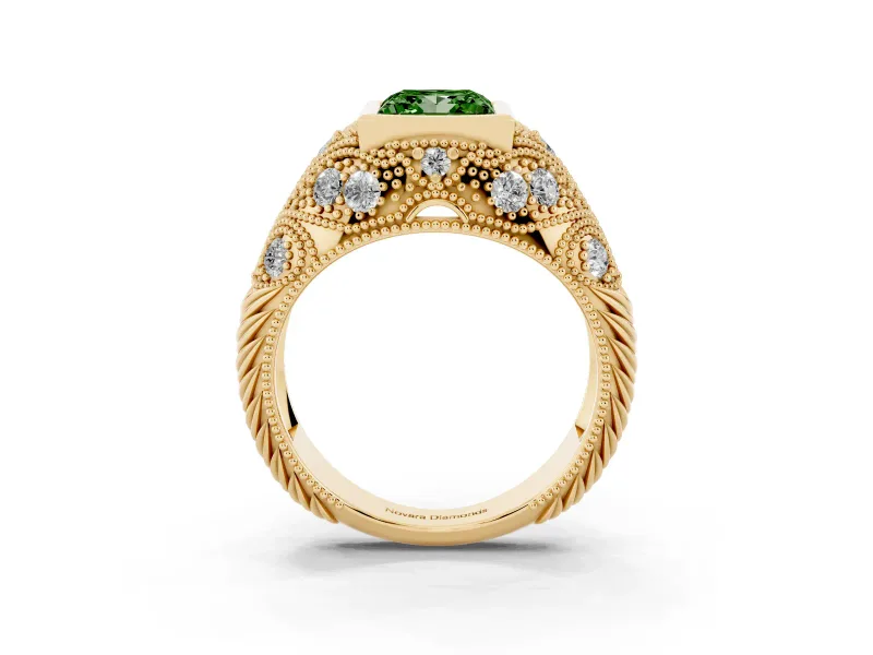 Fancy Green Princess Cut Diamond Bezel Ring Set in Yellow gold with Milgrain Accent Band