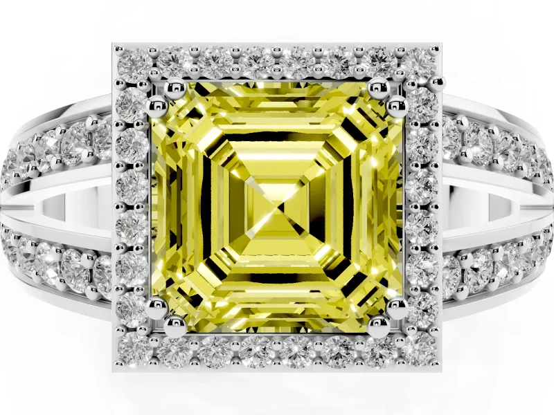 Asscher Cut Halo Engagement Ring Setting for a Fancy Yellow Lab-Grown Diamond | Pave Split Shank | Sterling Silver
