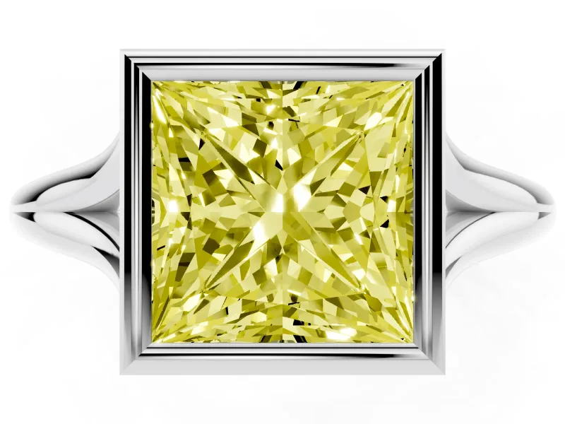 Fancy Yellow Bezel Set Princess Cut Diamond Solitaire Ring Set in Platinum with Tapered Band
