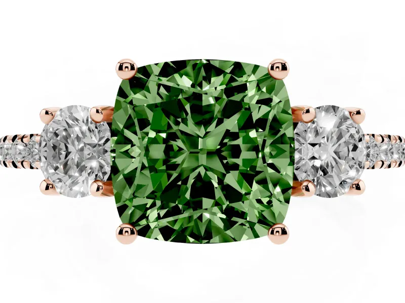Cushion Cut Three Stone Engagement Ring Setting for a Fancy Green Lab-Grown Diamond | Pave Shoulders | Rose Gold
