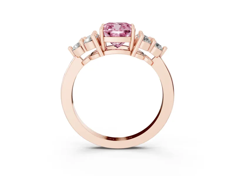 Fancy Pink Cushion Cut Diamond Solitaire Ring Set in Rose gold with Cluster Accents on Each Side