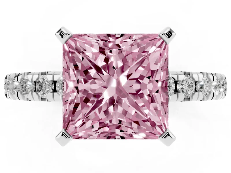 Fancy Pink Princess Cut Diamond Solitaire Pavé Engagement Ring Set in Silver with Round Band and Prong Setting