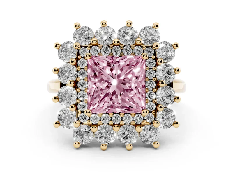 Fancy Pink Princess Cut Diamond Floral Double Halo Ring Set in Yellow gold with Round Petals