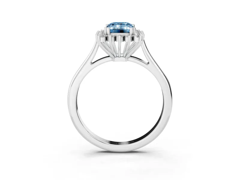 Fancy Blue Emerald Cut Diamond Halo Ring Set in White gold with Plain Solitaire Band and Prong Setting