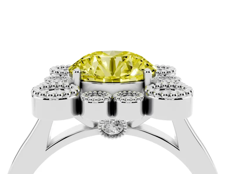 Round Milgrain Cluster Halo Engagement Ring Setting for a Fancy Yellow Lab-Grown Diamond | Plain Band | White Gold