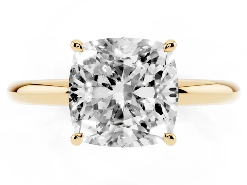 Cushion Cut Diamond Solitaire Ring Set in Yellow gold with Thin Band and Prong Setting
