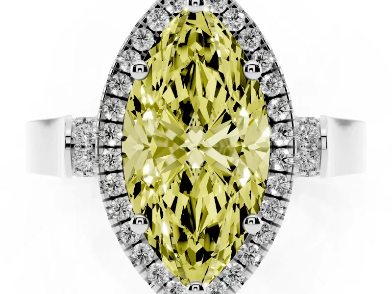 Fancy Yellow Marquise Cut Diamond Halo Ring Set in White gold with Pavé-Lined Split Shank Band