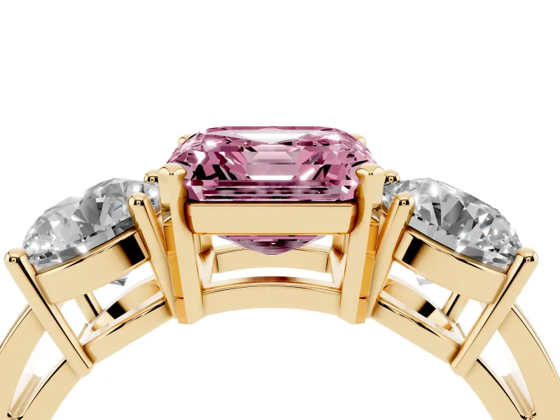 Asscher Cut Three Stone Engagement Ring Setting for a Fancy Pink Lab-Grown Diamond | Wide Plain Band | Yellow Gold