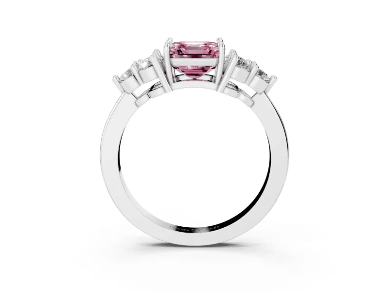 Fancy Pink Asscher Cut Diamond Solitaire Ring Set in Silver with Cluster Accents on Each Side