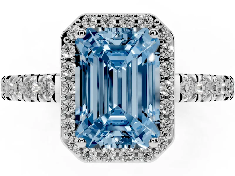 Fancy Blue Emerald Cut Diamond Halo Engagement Ring Set in Platinum with Pavé Band and Prong Setting