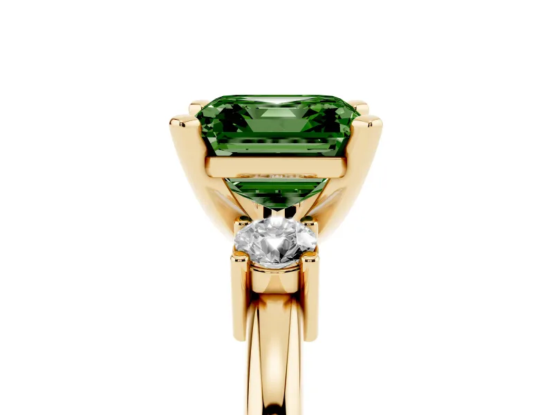 Asscher Cut Three Stone Engagement Ring Setting for a Fancy Green Lab-Grown Diamond | Round Side Stones | Yellow Gold