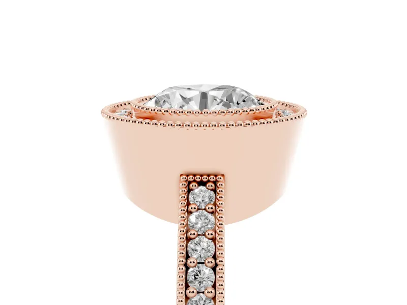 Round Milgrain Halo Engagement Ring Setting | Pave Band | Rose Gold