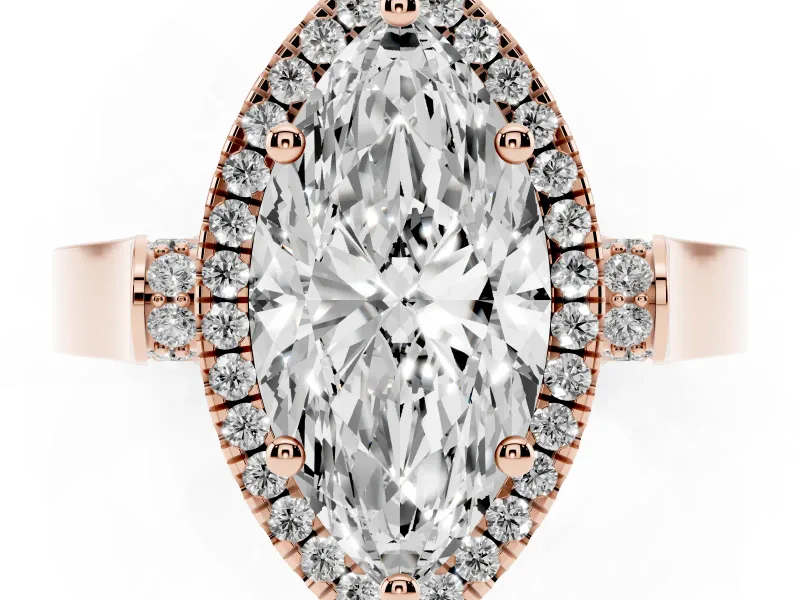 Marquise Cut Diamond Halo Ring Set in Rose gold with Pavé-Lined Split Shank Band