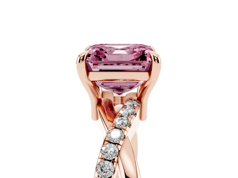 Fancy Pink Asscher Cut Diamond Twist Band Solitaire Set in Rose gold with Pavé Accents and Prong Setting
