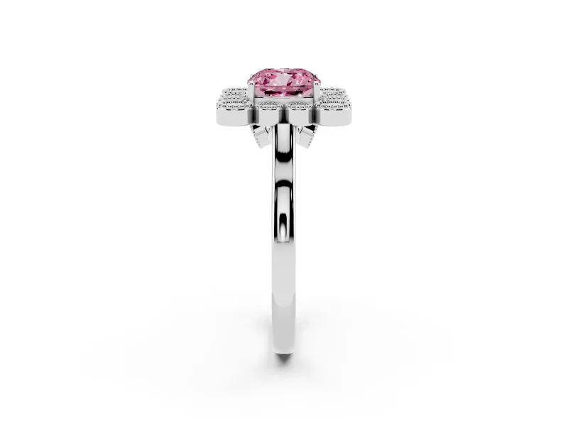 Cushion Cut Milgrain Cluster Halo Engagement Ring Setting for a Fancy Pink Lab-Grown Diamond | Plain Band | White Gold