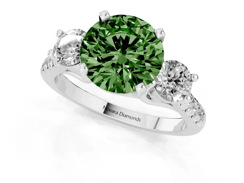 Fancy Green Three-Stone Round Cut Diamond Pavé Band Ring Set in White gold with Prong-Set Trio