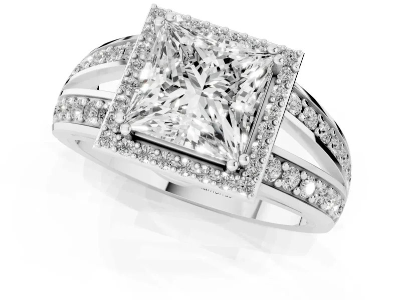 Princess Cut Halo Engagement Ring Setting | Two-Row Pave Split Shank | Sterling Silver