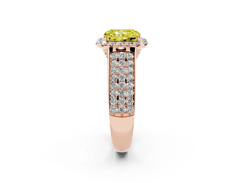 Radiant Cut Pavé Engagement Ring Setting for a Fancy Yellow Lab-Grown Diamond | Wide Three-Row Band | Rose Gold