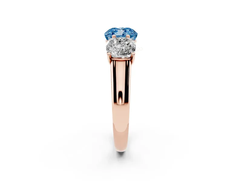 Cushion Cut Three Stone Engagement Ring Setting for a Fancy Blue Lab-Grown Diamond | Basket Prong Heads | Rose Gold