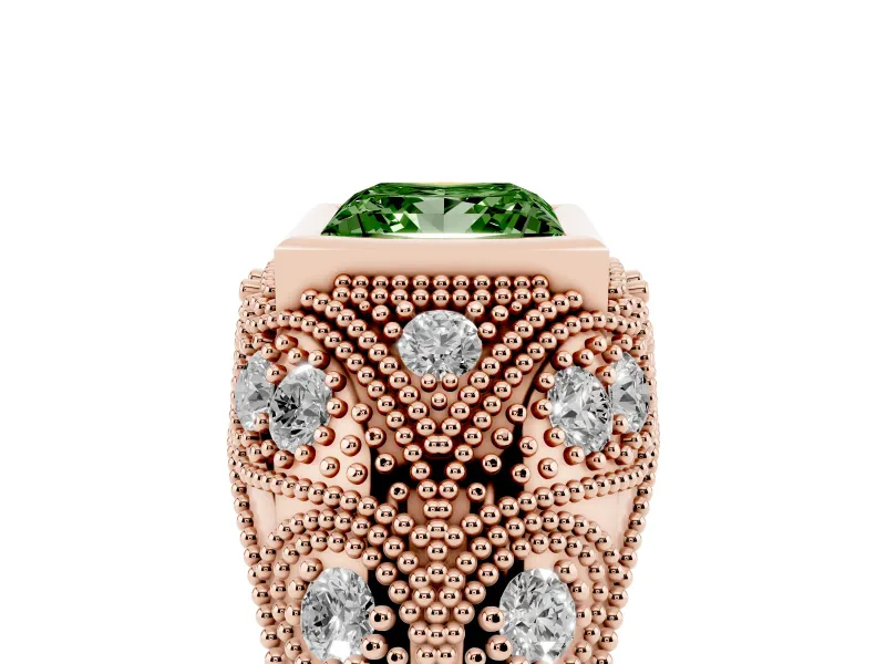 Fancy Green Princess Cut Diamond Bezel Ring Set in Rose gold with Milgrain Accent Band