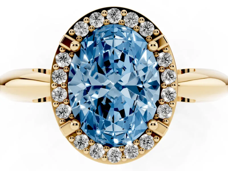 Fancy Blue Oval Cut Diamond Halo Engagement Ring Set in Yellow gold with Plain Split Shank and Prong Setting