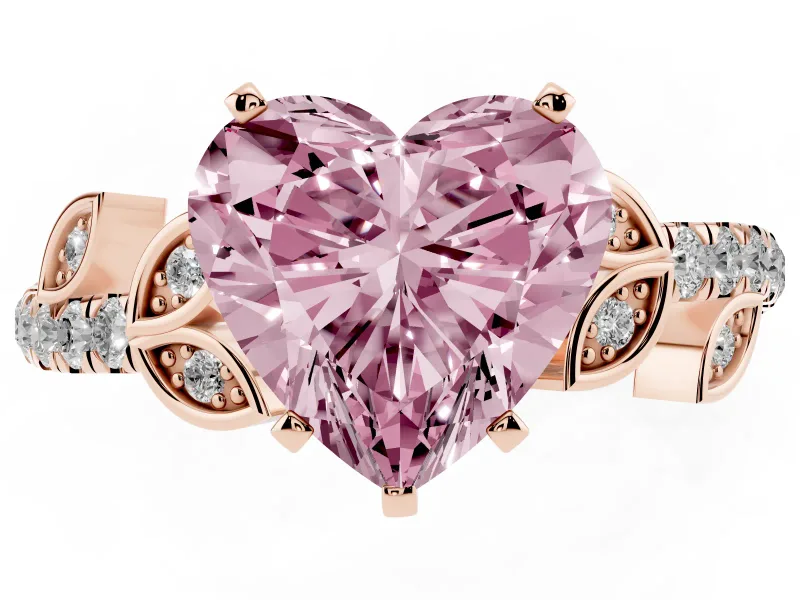 Heart-Shaped Leaf Pavé Engagement Ring Setting for a Fancy Pink Lab-Grown Diamond | Rose Gold