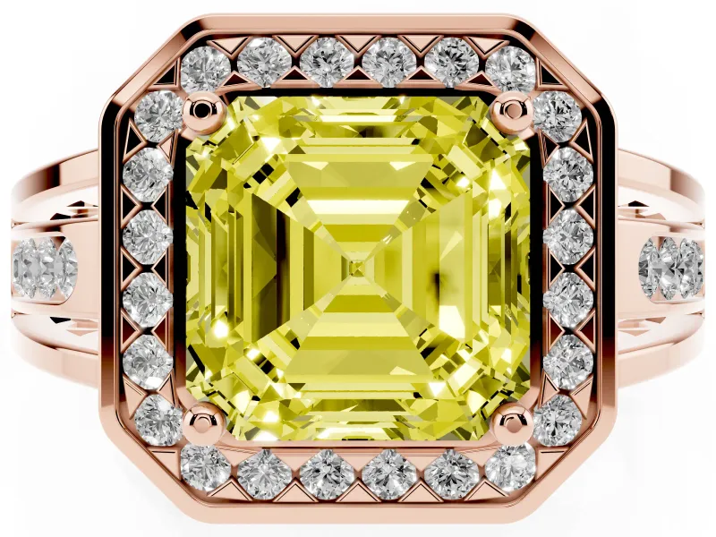 Asscher Cut Halo Engagement Ring Setting for a Fancy Yellow Lab-Grown Diamond | Channel-Set Split Shank | Rose Gold