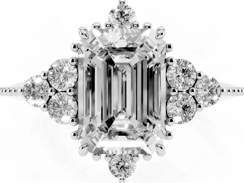 Emerald Cut Vintage Cluster Engagement Ring Setting | Beaded Edges | Platinum