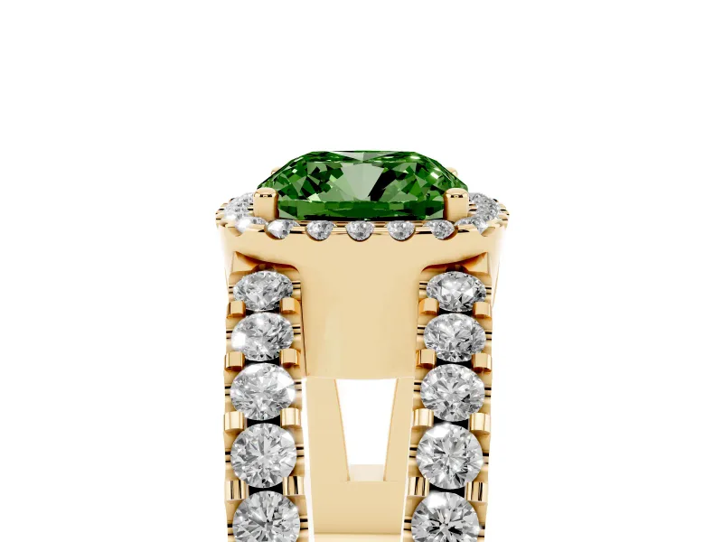 Cushion Cut Halo Split Shank Engagement Ring Setting for a Fancy Green Lab-Grown Diamond | Pavé Strands | Yellow Gold
