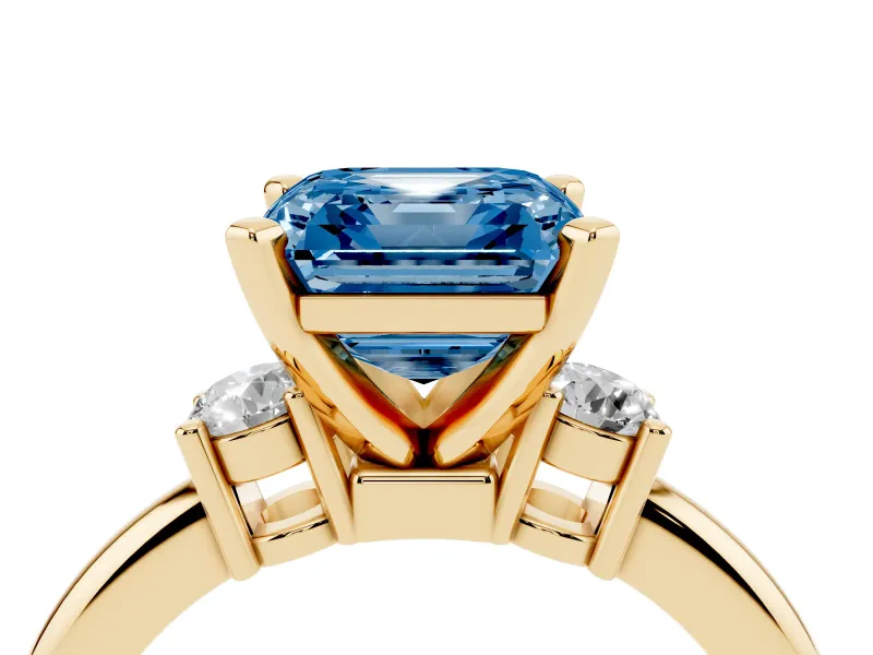 Asscher Cut Three Stone Engagement Ring Setting for a Fancy Blue Lab-Grown Diamond | Round Side Stones | Yellow Gold