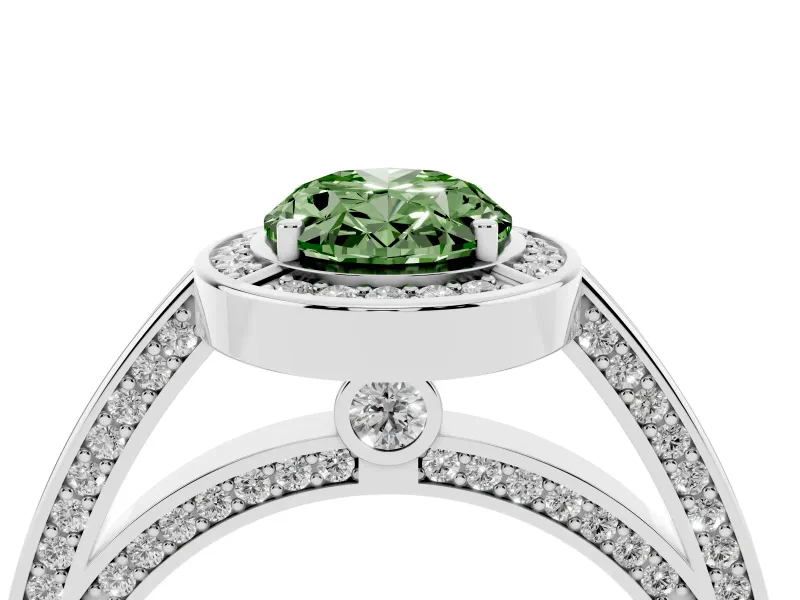 Fancy Green Oval Cut Diamond Halo Pavé Split Shank Ring Set in Platinum with Prong Setting