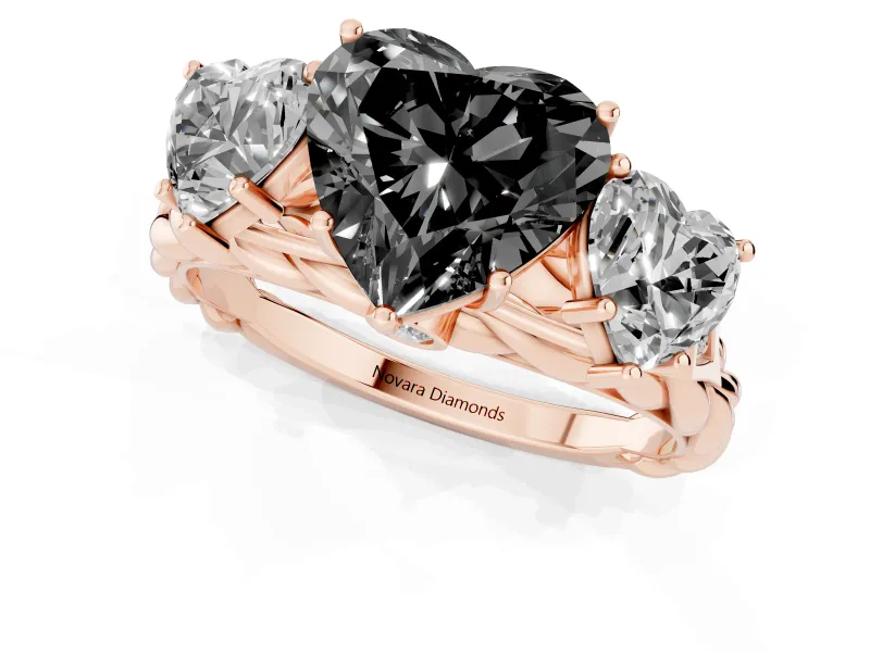 Heart-Shaped Three Stone Engagement Ring Setting for a Black Center | Braided Band | Rose Gold