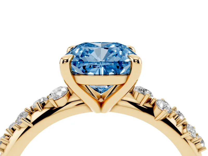 Cushion Cut Graduated Engagement Ring Setting for a Fancy Blue Lab-Grown Diamond | Yellow Gold