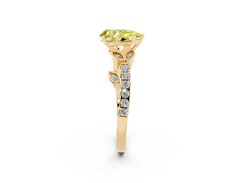 Fancy Yellow Pear Cut Diamond Solitaire Leaf-Inspired Ring Set in Yellow gold with Pavé Band and Prong Setting