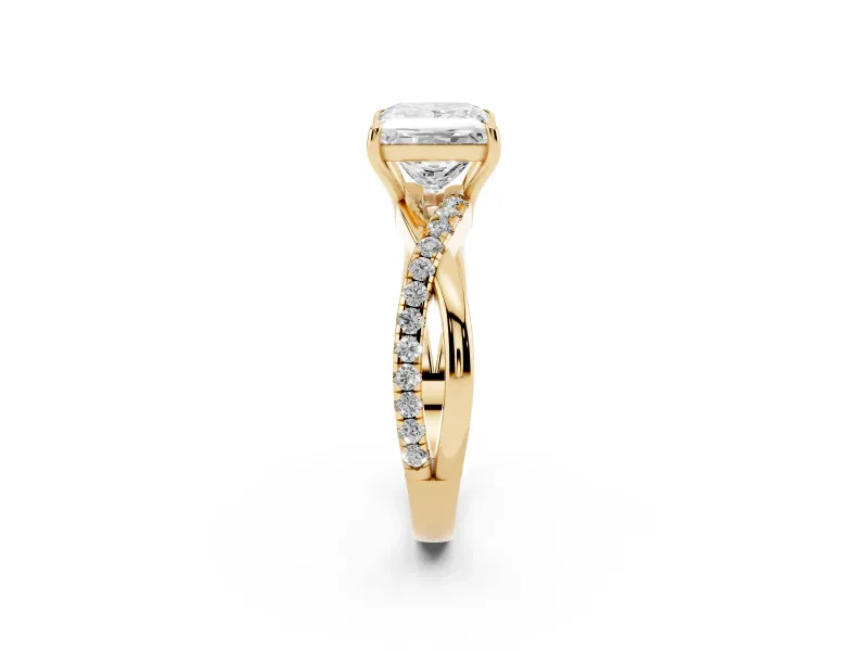 Princess Cut Crossover Pave Solitaire Engagement Ring Setting | Twisted Shoulders | Yellow Gold