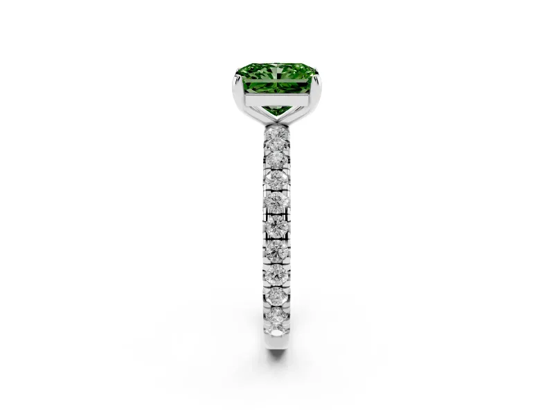 Fancy Green Radiant Cut Diamond Pavé Solitaire Ring Set in Platinum with Round Band and Prong Setting