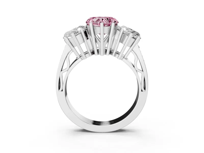 Heart-Shaped Three Stone Engagement Ring Setting for a Fancy Pink Lab-Grown Diamond | Beaded Shoulders | Sterling Silver