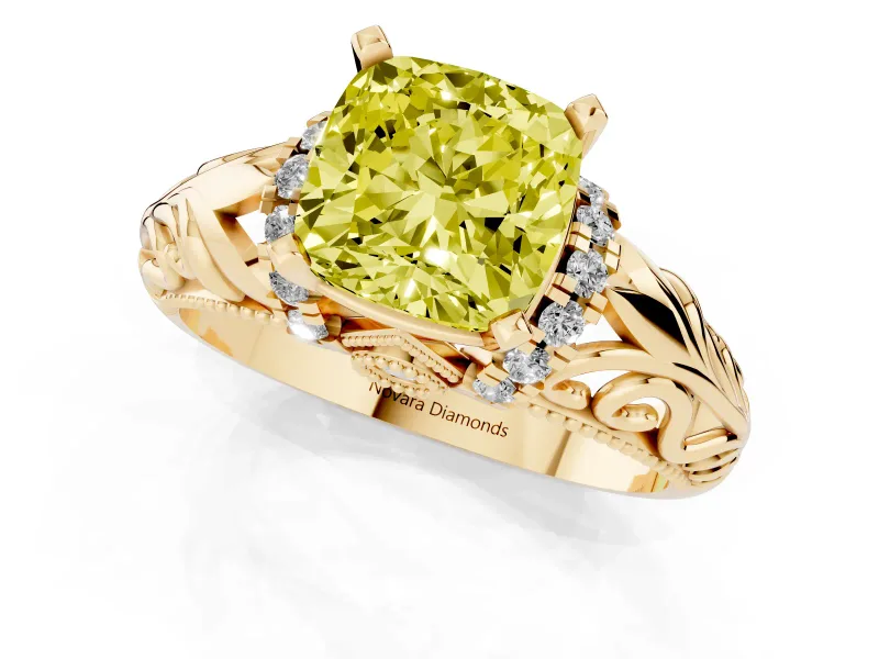 Cushion Cut Filigree Engagement Ring Setting for a Fancy Yellow Lab-Grown Diamond | Yellow Gold