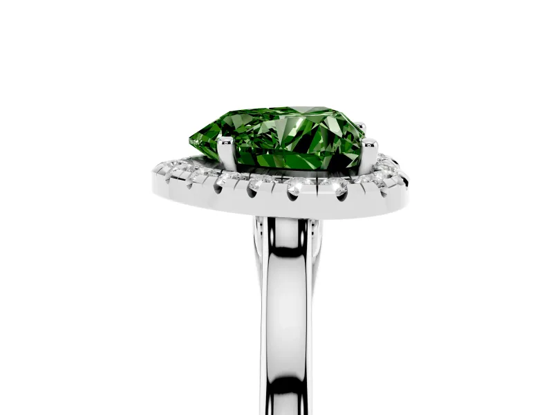 Fancy Green Heart Cut Halo Round Diamond Solitaire Ring Set in White gold with Pavé Band and Prong Setting