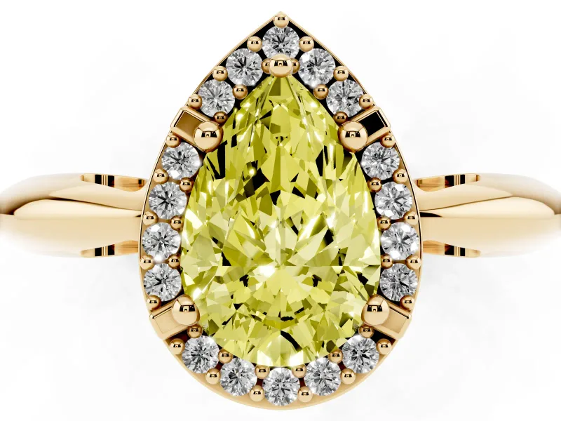 Fancy Yellow Pear Cut Diamond Halo Engagement Ring Set in Yellow gold with Plain Split Shank and Prong Setting
