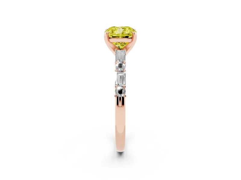 Fancy Yellow Cushion Cut Diamond Solitaire Set in Rose gold with Side Baguettes and Channel Set Band
