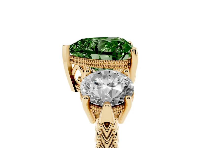 Fancy Green Heart Cut Diamond Three-Stone Ring Set in Yellow gold with Milgrain Band