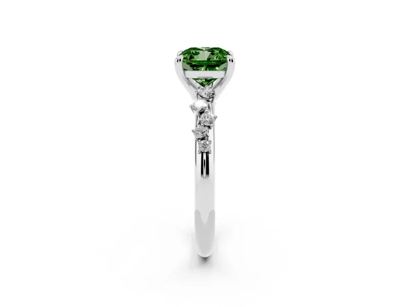 Fancy Green Cushion Cut Diamond Solitaire Vine Band Ring Set in Silver with Round Accents and Prong Setting