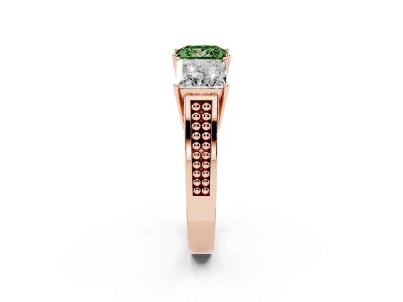 Princess Cut Three Stone Engagement Ring Setting for a Fancy Green Lab-Grown Diamond | Beaded Shoulders | Rose Gold