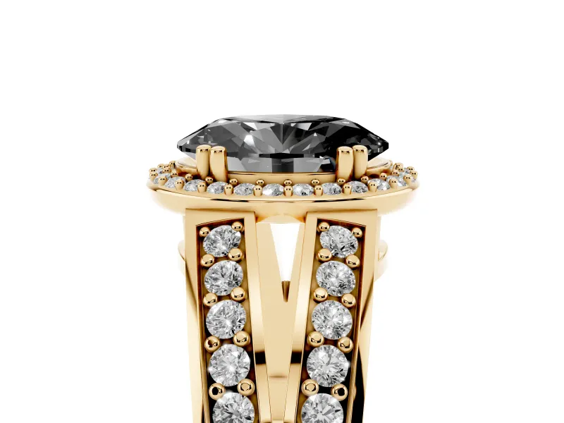 Fancy Black Oval Cut Diamond Halo Ring Set in Yellow gold with Double Pavé Split Shank