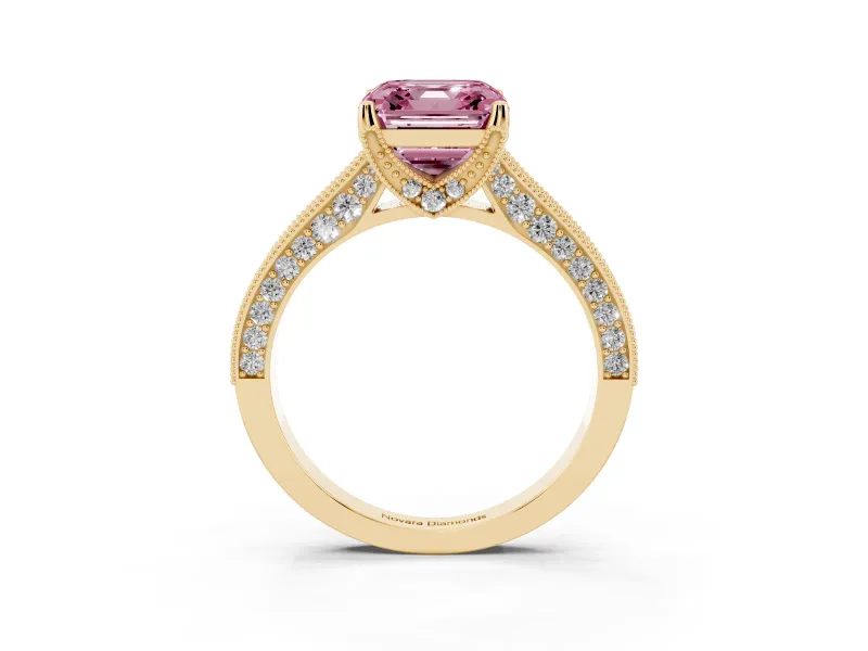 Asscher Cut Hidden Halo Engagement Ring Setting for a Fancy Pink Lab-Grown Diamond | Milgrain Pave | Yellow Gold